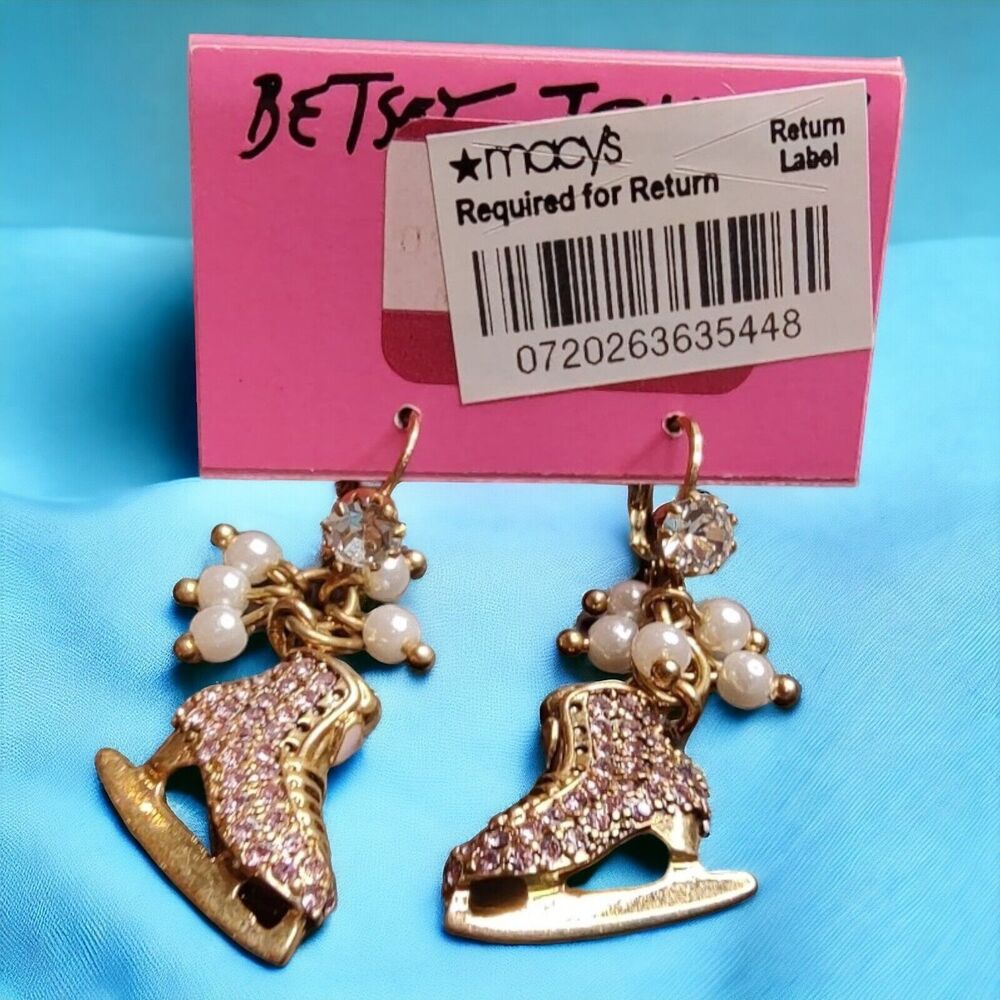 NEW Betsey Johnson Vintage Winter Glam Pink Crystal Ice Skates Holiday Earrings - Picture 3 of 9